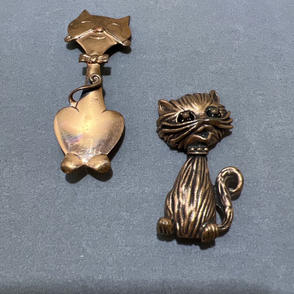 2 Vintage Copper Cat Pines